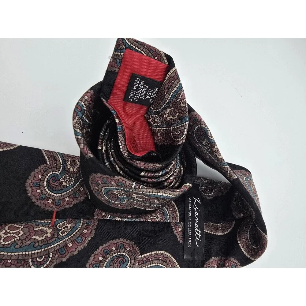 Zianetti Mens Silk Tie Paisley Black Red Brown Teal Made in USA Italian Fabric